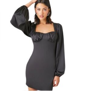 Forever Twenty One Satin Peasant-Sleeve Mini Dress Black Size Medium